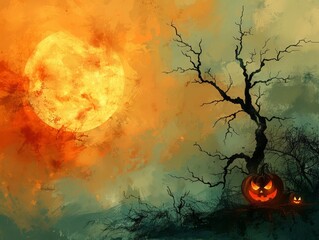 Tree With Two Pumpkins in Front of Full Moon