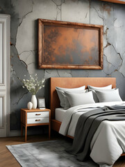 Bedroom interior rusty stone wall with floral framing and furniture