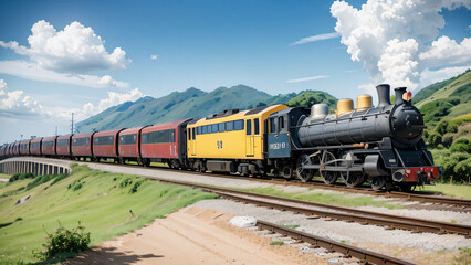 Cartoon train crossing tracks with sky background, Bela vista, Beautiful animation, Detalhes ricos, Generative Ai