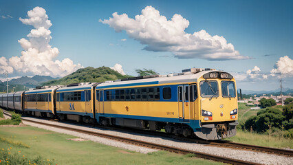 Obraz premium Cartoon train crossing tracks with sky background, Bela vista, Beautiful animation, Detalhes ricos, Generative Ai