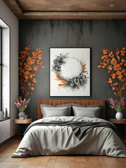 Bedroom interior rusty stone wall with floral framing and furniture