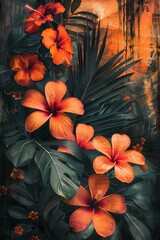 tropical urban fusion, artistically blending vivid tropical colors and rough grunge textures creates a captivating pattern, fusing nature and urban influences creatively