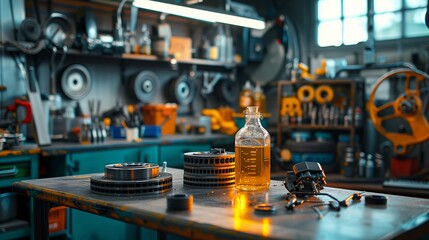 Obraz premium The inside of a workshop is displayed with various mechanical parts neatly arranged on a workbench.