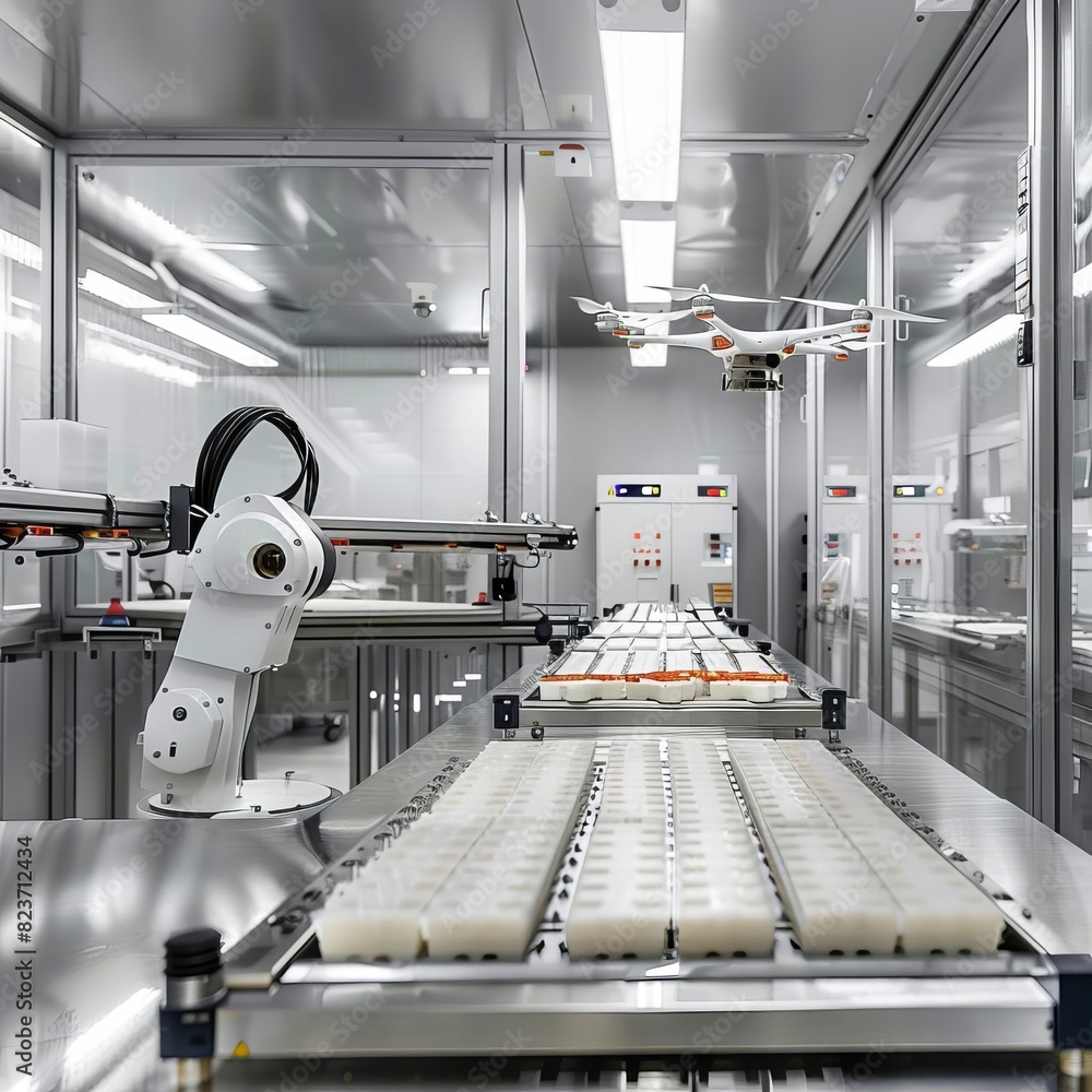 Poster automated manufacturing facility with advanced robotic arms and conveyor system in a sterile high-te