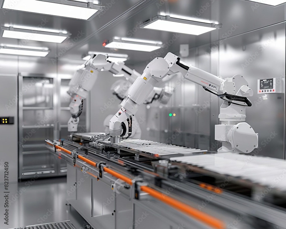 Poster robotic arms working on a production line in a high-tech, automated factory setting, showcasing mode