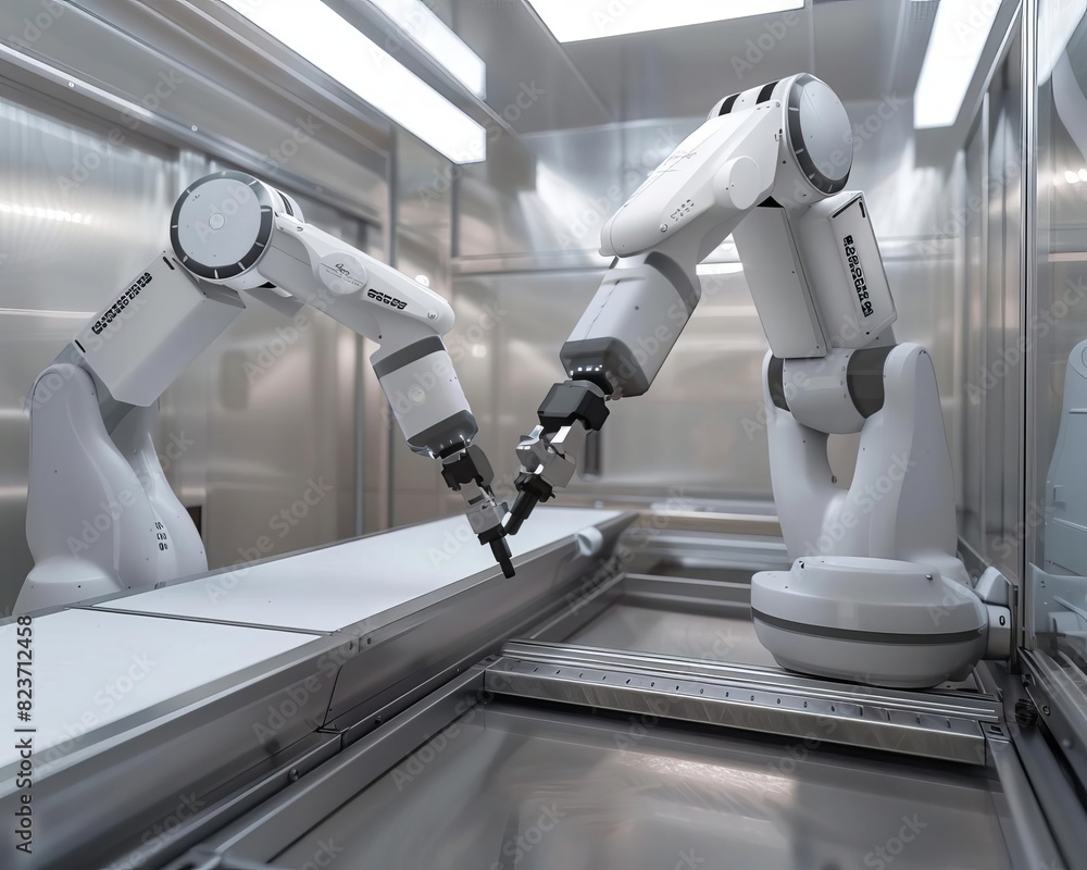 Poster advanced robotic arms in a modern laboratory setting, showcasing high-tech automation, precision eng