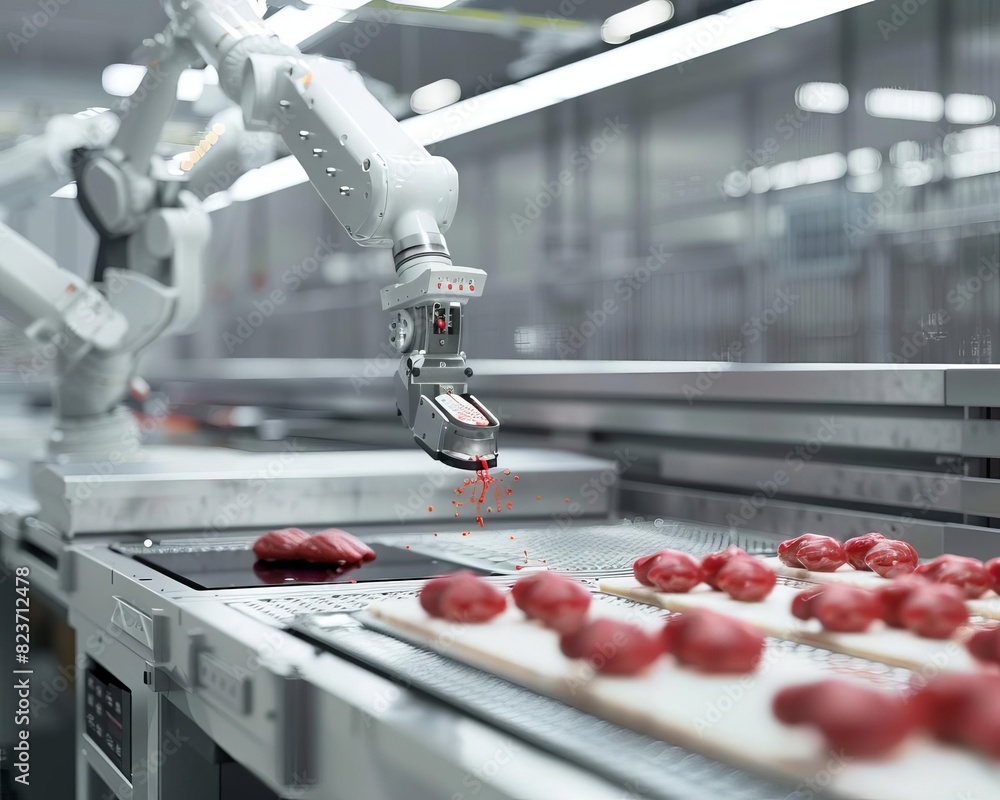 Aufkleber robotic arm precisely handling meat on a conveyor in a food processing plant, showcasing automation 
