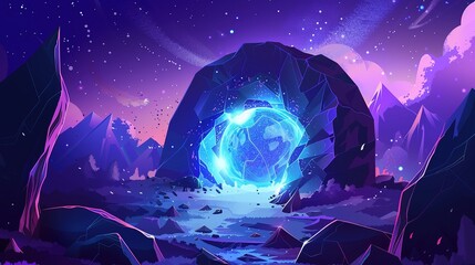 Mystical portal in an enchanted alien landscape under the starry sky