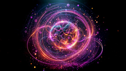 Obraz premium An abstract neon energy sphere composed of particles and waves, glowing magically on a dark background. Circle and loop frames with mystical purple and pink flames and sparks isolated on the backgroun