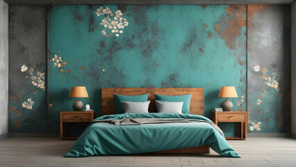 Bedroom interior rusty stone wall with floral framing and furniture