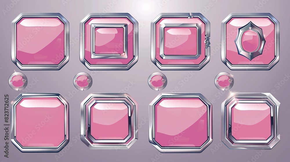 Poster set of modern metal interface buttons with gemstone elements