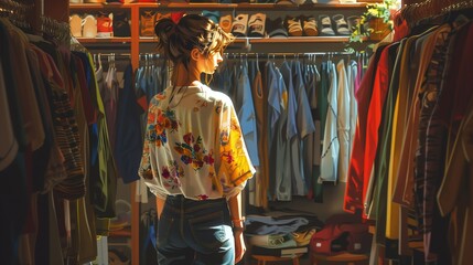 Fototapeta premium A woman is standing in front of a closet packed with various clothing items.