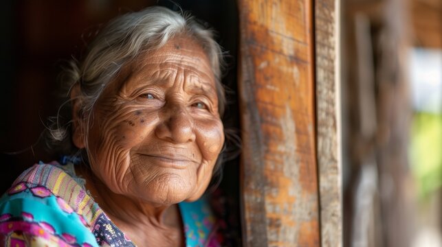 An elderly Latin Mexican woman smiles while looking out of a window - Powered by Adobe
