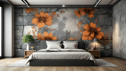 Bedroom interior rusty stone wall with floral framing and furniture