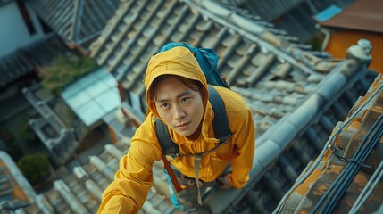 A young person in a bright yellow raincoat, carrying a blue backpack, climbs across the rooftops of a traditional village.