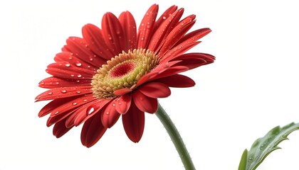 red gerbera, yellow center, flower on a stem with dew drops, on a white background