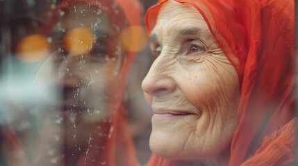 Fototapeta premium Old Muslim female with red headscarf smiling while looking out of window