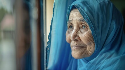 An elderly Muslim woman happily observing view through a window