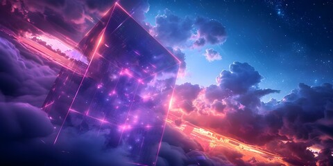 Advanced Data Center Cube in the Sky with Glowing Lights, Stars, and Clouds. Concept Technology, Advanced Infrastructure, Data Centers, Futuristic Design, Innovative Architecture