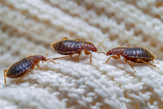 Closeup image of bed bugs crawling on a white cloth Increasing issue of insect invasions and infestations in Europe the image highlights the need for effective pest control measures
