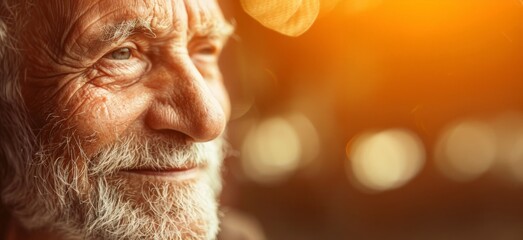 A happy old white Caucasian male with a beard smiling while looking out of a window