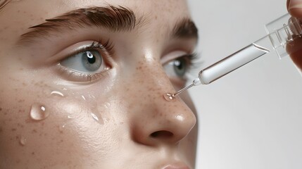 Close-up of woman's face with serum dropper. Skin care and beauty concept. This is a stock photo suitable for health and wellness blogs. AI