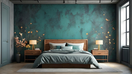 Bedroom interior rusty stone wall with floral framing and furniture