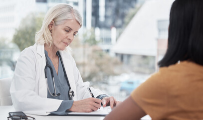 Woman, patient and doctor writing on document for treatment plan form, physical examination paper...