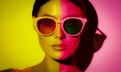 Woman with vibrant yellow and pink eyes, AI-generated.