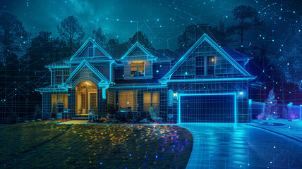 A suburban house with glowing lines framing the roof and details, the theme is home services, a protective digital boundary traces the edges of the doors, windows, walls and the permiter of the yard