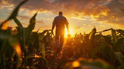 Sunset over cornfield with man carrying corn low angle view.