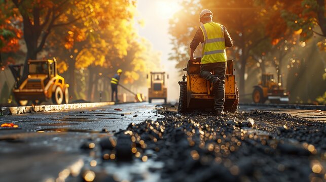 A road construction crew is actively working to pave a highway under clear blue skies.
