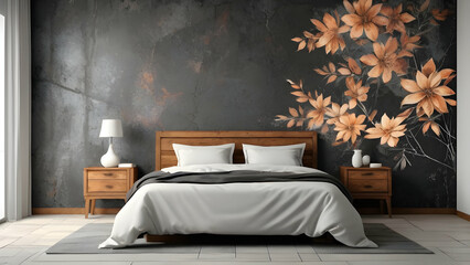 Bedroom interior rusty stone wall with floral framing and furniture