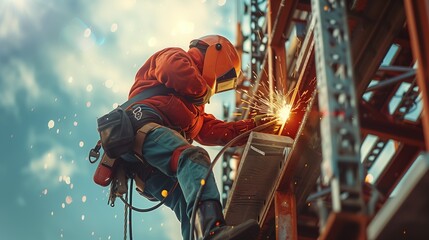A construction worker is welding a steel beam on a skyscraper, high above an expansive cityscape.
