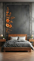 Bedroom interior rusty stone wall with floral framing and furniture