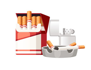 Cigarette in cardboard box with ashtray and lighter vector illustration isolated on white background