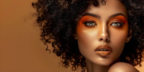 A woman with striking orange makeup and curly hair framing her face. Concept Beauty Portraits, Vibrant Makeup, Curly Hairstyle, Striking Features, Character Expression