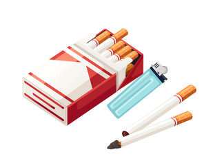 Cigarette in cardboard box with lighter vector illustration isolated on white background