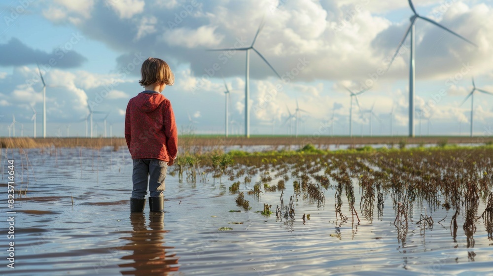 Poster a child standing in a flooded field with windmills in the background