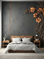 Bedroom interior rusty stone wall with floral framing and furniture