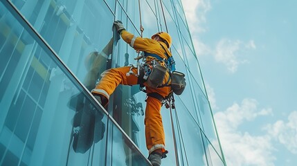 man is seen standing on a window washer platform, diligently cleaning windows on a high-rise building.