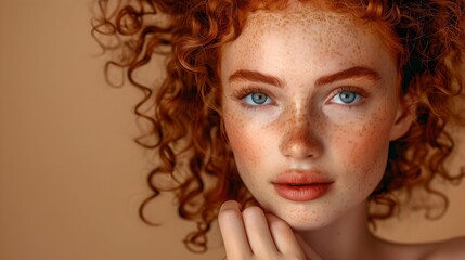 Portrait of a woman with curly red hair and freckles. Close-up shot of a young lady with natural beauty. Ideal for fashion and skincare ads. AI
