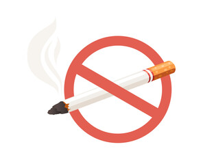 Burning nicotine cigarette with not allowed sign vector illustration isolated on white background