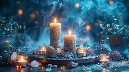 White candles, quartz crystals, stones and smoke on a black background
