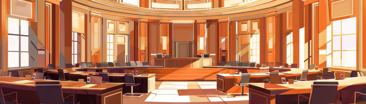 City Council Chambers: A spacious room adorned with ornate chandeliers and a large seal on the carpet, featuring a dais for the mayor's throne and rows of seats for city council members.