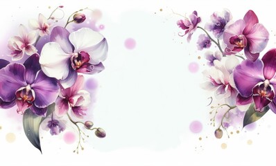 Elegant purple and white orchids on soft white with pastel accents, ideal for floral design projects