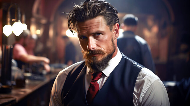 Client of a barbershop sitting in the armchair for hairstyling.