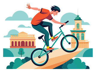 Fototapeta premium world bicycle day Young boy and girl doing mid-air stunt on BMX bike against sky, Hero's Square and Eiffel tower Budapest, Hungary