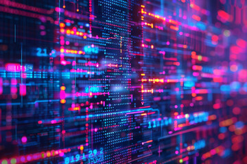 Close-up of a digital screen showing a smart contract code on a blockchain network, neon lines symbolizing connectivity