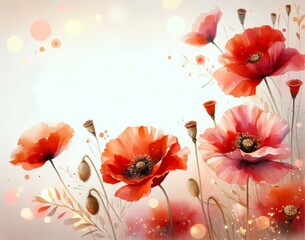 Beautiful vibrant red poppies in bloom with delicate dreamy bokeh background.